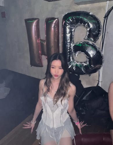 Customer photo review of Mesh patchwork ruffle button contrast backless cami ruched skirt set