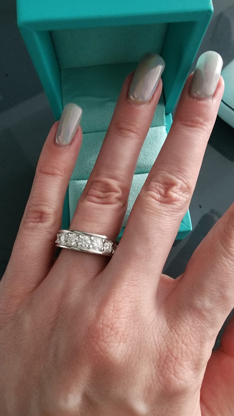 Customer photo review of Triple Channel Set Moissanite Half Eternity Wedding Band