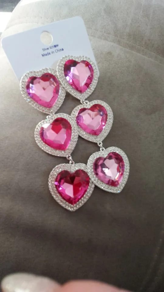 Customer photo review of Crystal Heart Dangle Earrings Rhinestone — Pink | KIMLUD
