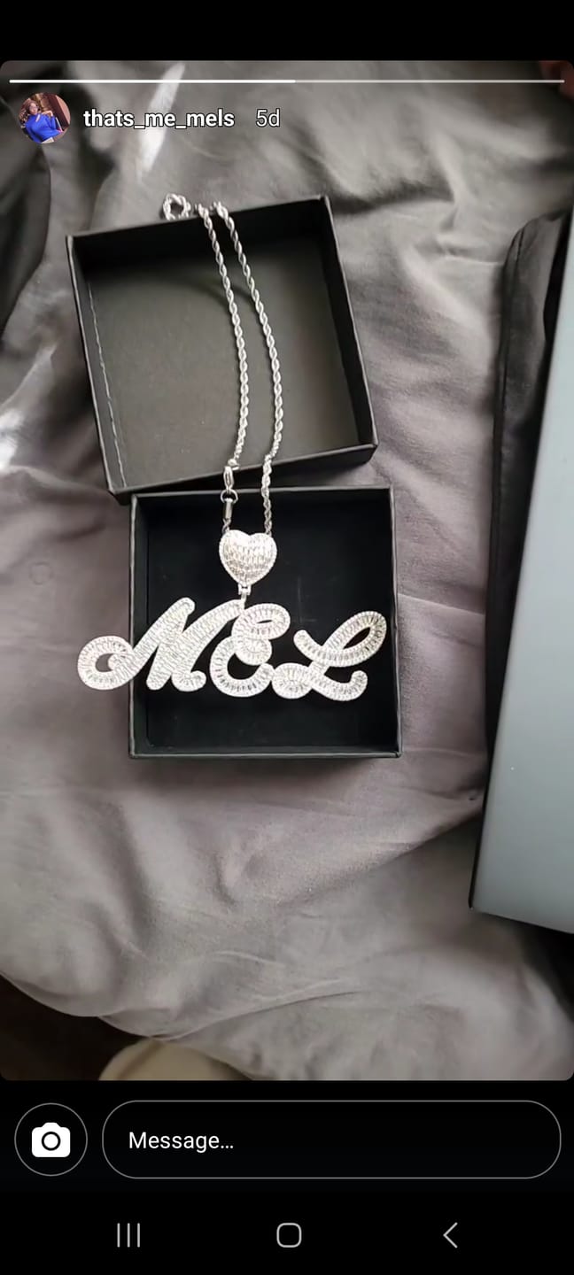 Customer photo review of ICED HEART CUSTOM CURSIVE NAME BAGUETTE NECKLACE