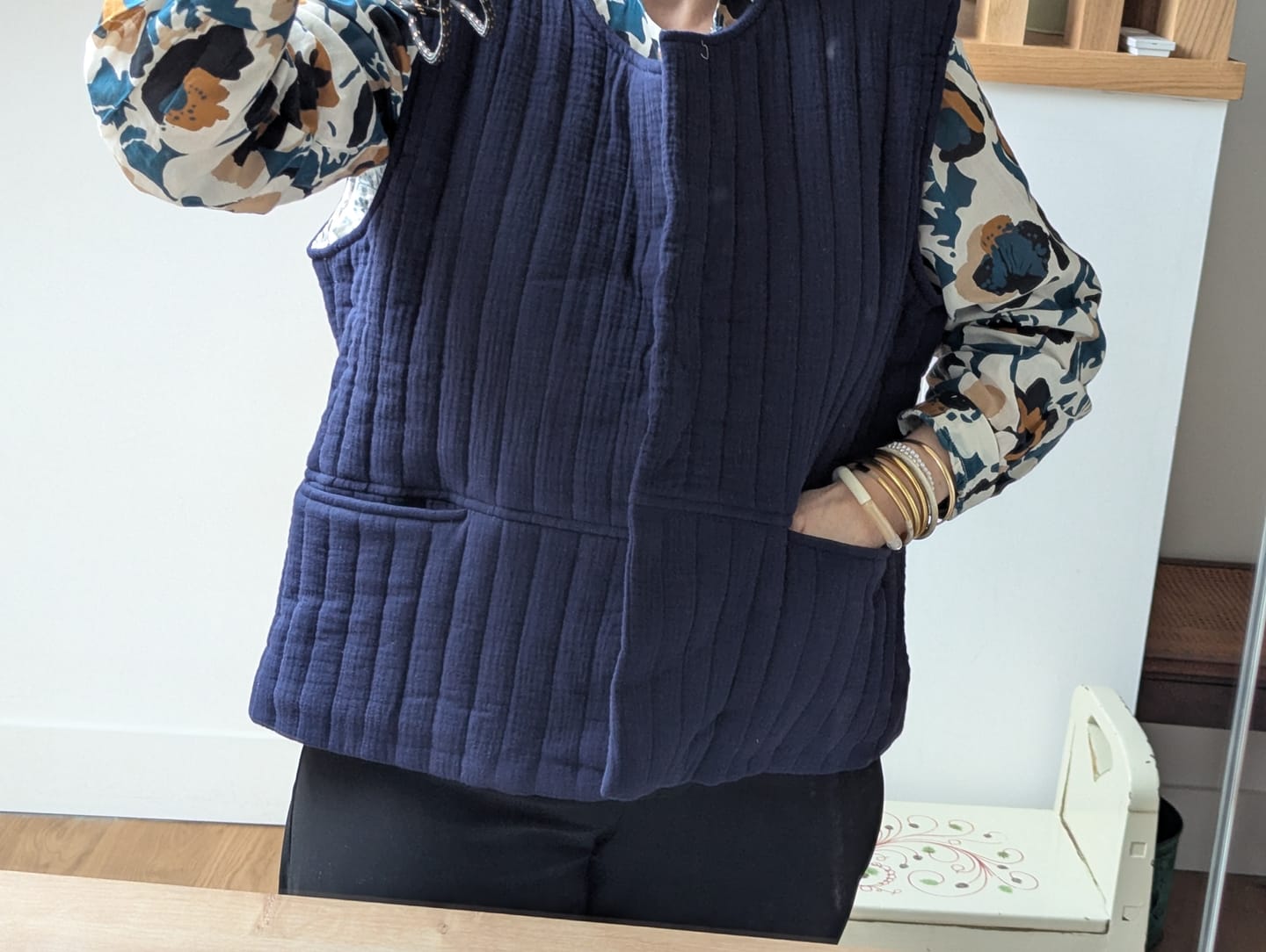 Customer photo review of Gilet Basile matelassé en double gaze de coton bleu nuit