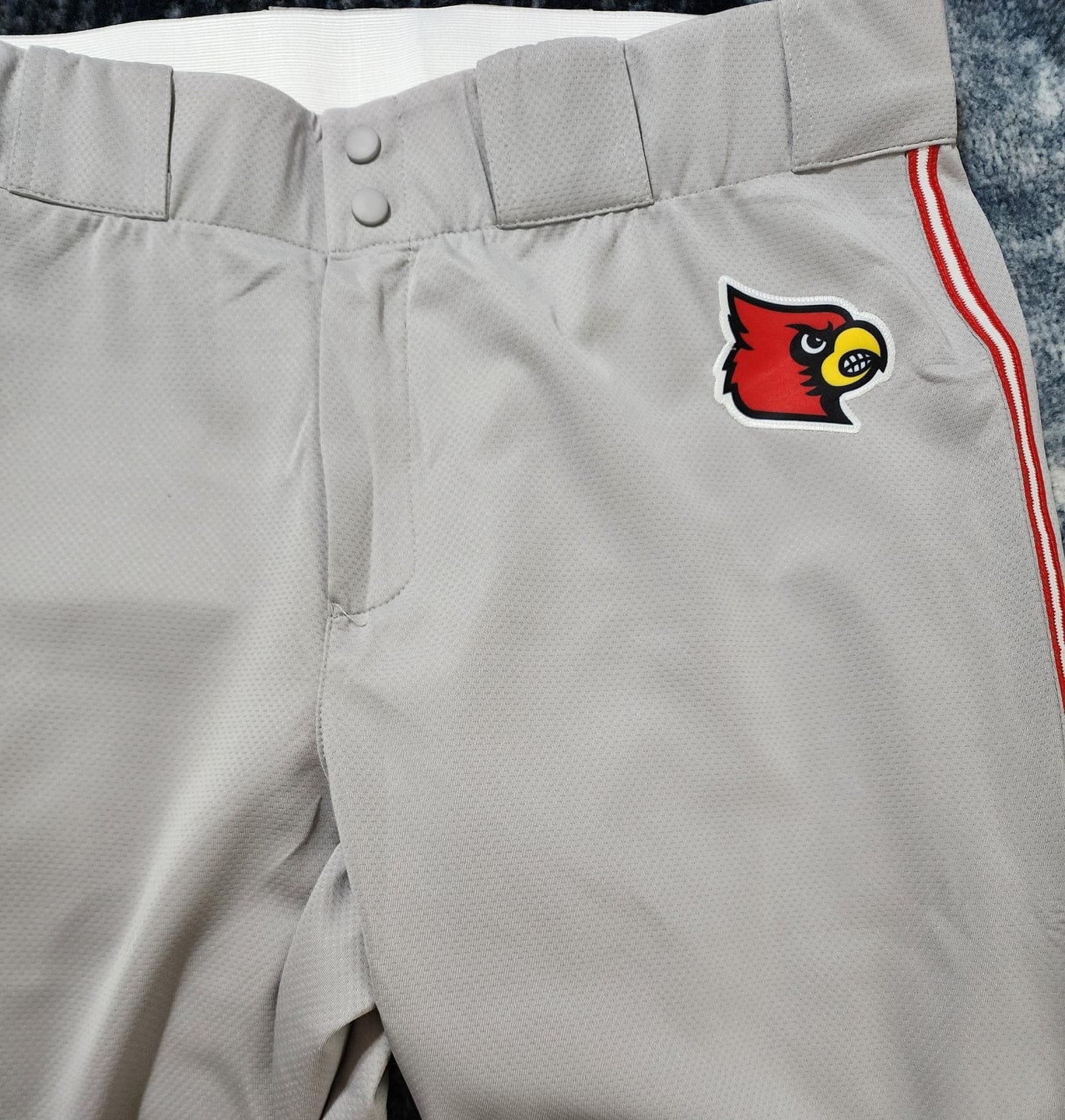 Customer photo review of Custom Red White Pinstripe Fit Stretch Practice Loose-fit Baseball Pants