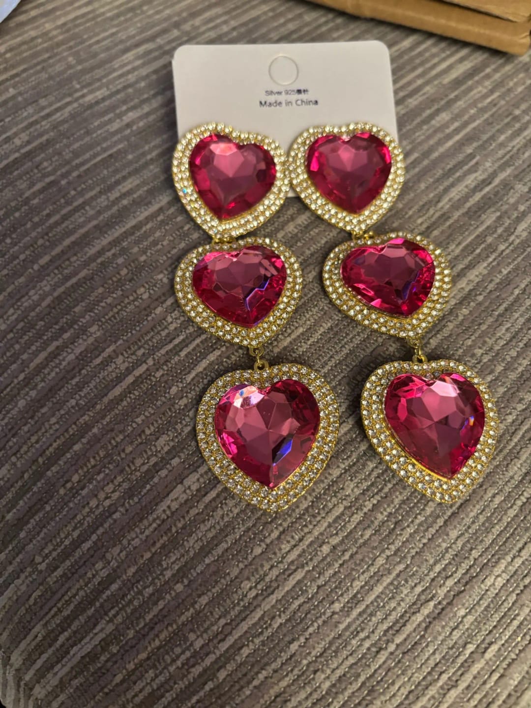 Customer photo review of Crystal Heart Dangle Earrings Rhinestone — Pink | KIMLUD