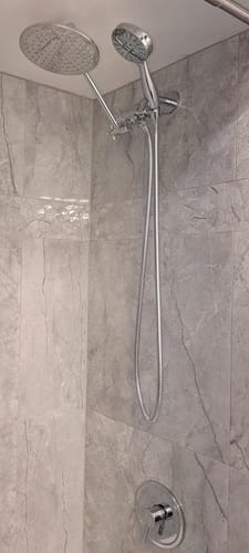 Customer photo review of 1-Handle Valve and Trim Shower System with 3-Spray Dual Shower Head and Adjustable Arm
