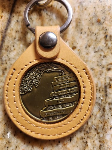 Customer photo review of Sobriety Mint Genuine Leather 34mm AA Medallion Keychain Holder - Recovery Chip/Coin/Token Holder - Tan