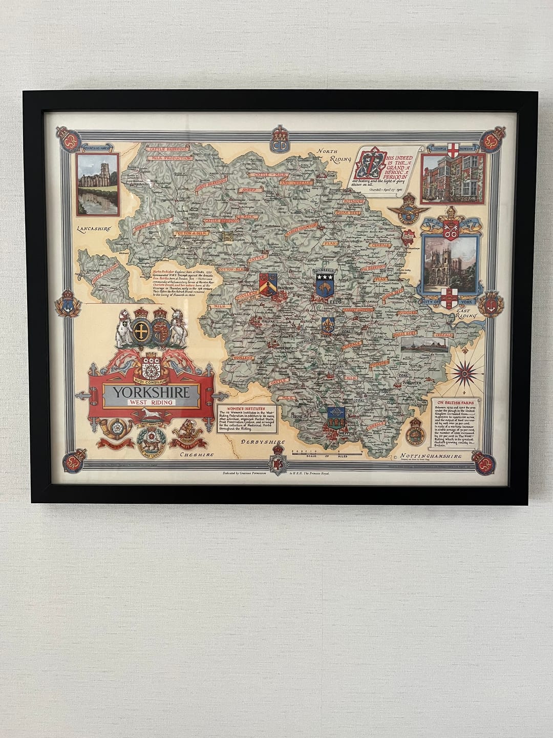 Customer photo review of Old Pictorial Map of West Riding of Yorkshire by Clegg, 1946: Leeds, Bradford, Rivers, Churchill Quotes, Coats of Arms