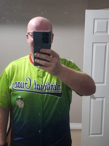 Customer photo review of Custom Neon Green Navy Navy-White Gradient Fashion Authentic Two-Button Softball Jersey