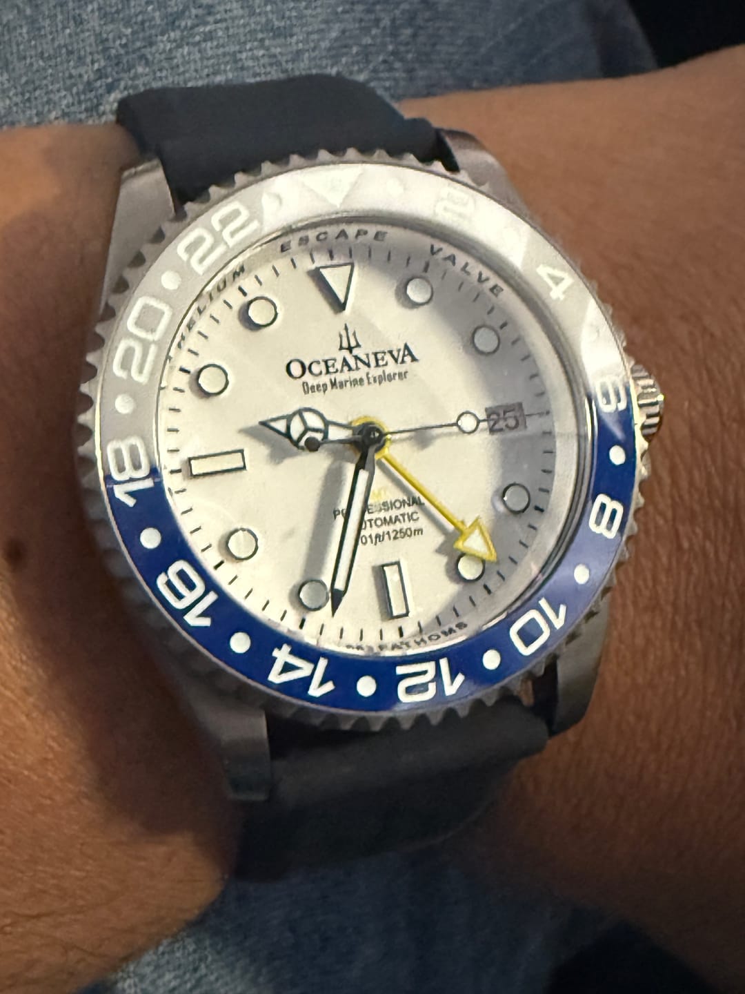 Customer photo review of Oceaneva Men's GMT TITANIUM Automatic Deep Marine Explorer 1250M White & Blue Ceramic Bezel Watch
