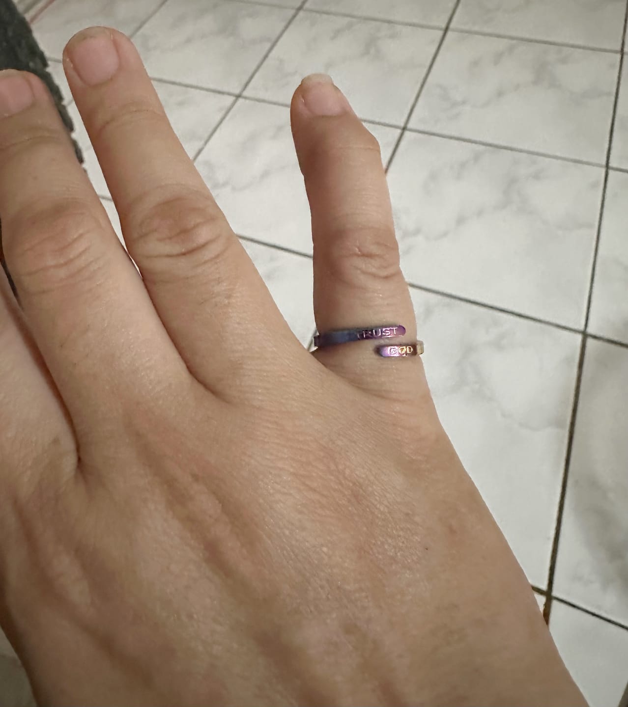 Customer photo review of Colored Trust God Ring  (Adjustable size)