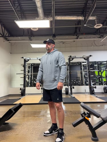 Customer photo review of 021 ESSENTIAL DROP CUT HOODIE - BLUE STEEL