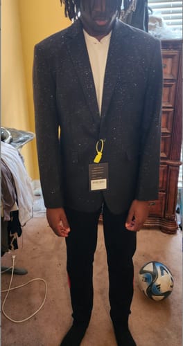 Customer photo review of Men's 2-Piece Slim Fit Plaid Sequin Black Suit