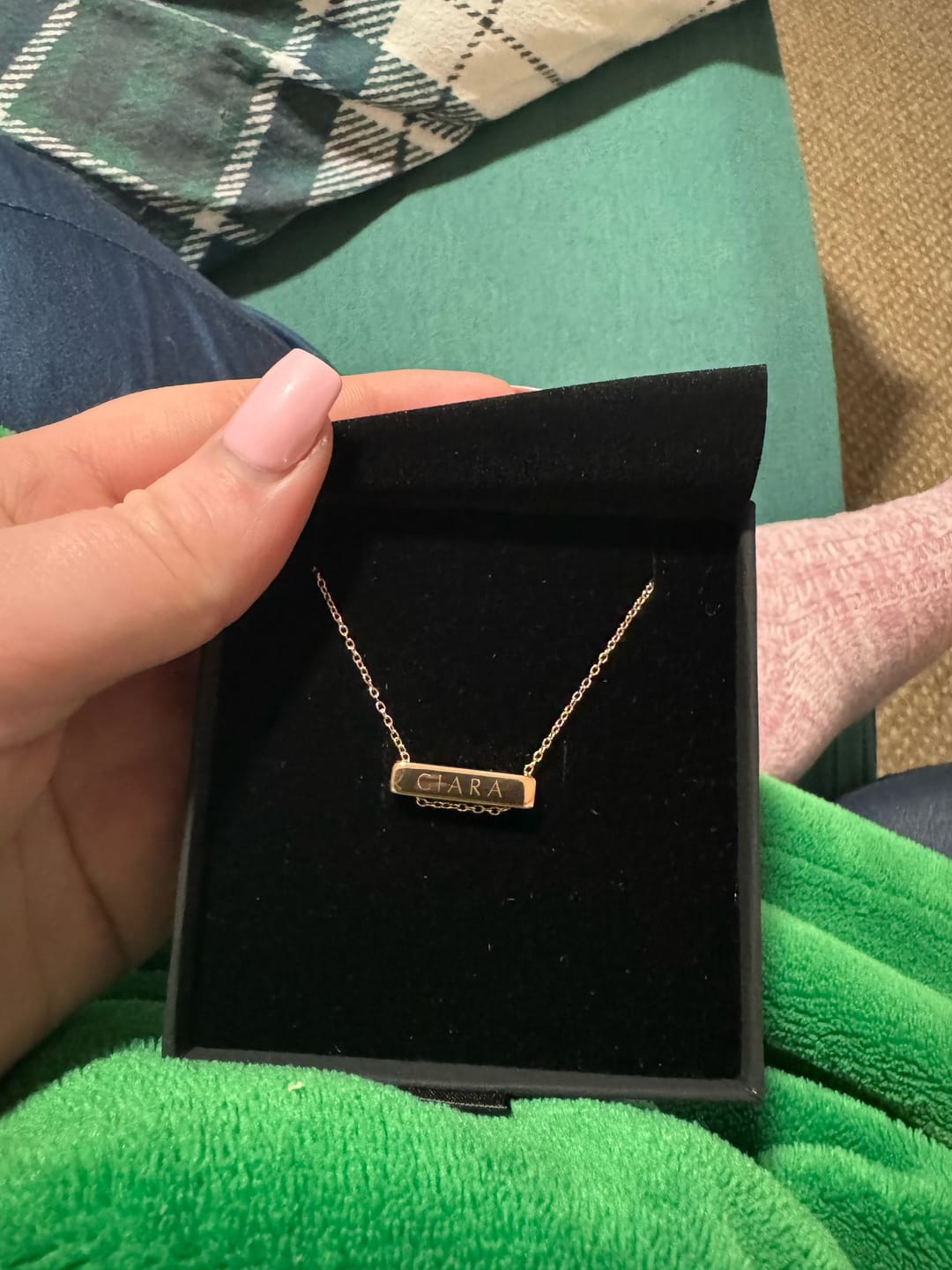 Customer photo review of 2cm Letter Bar Necklace in Rose Gold Horizontal