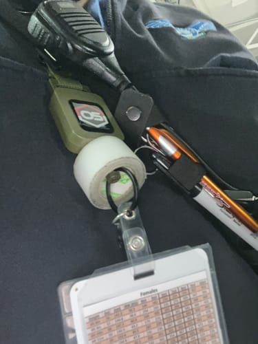 Customer photo review of ONE SHEAR®️ tactical retention leash with belt clip and steel braided line