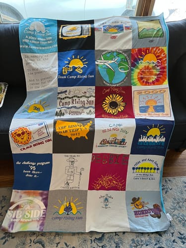 T-shirt quilt with camping, outdoor activities themes by Debra from CT