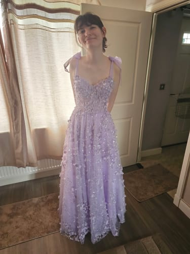 Customer photo review of V Neck Corset 3D Floral Beaded Dress with Removable Tie Straps