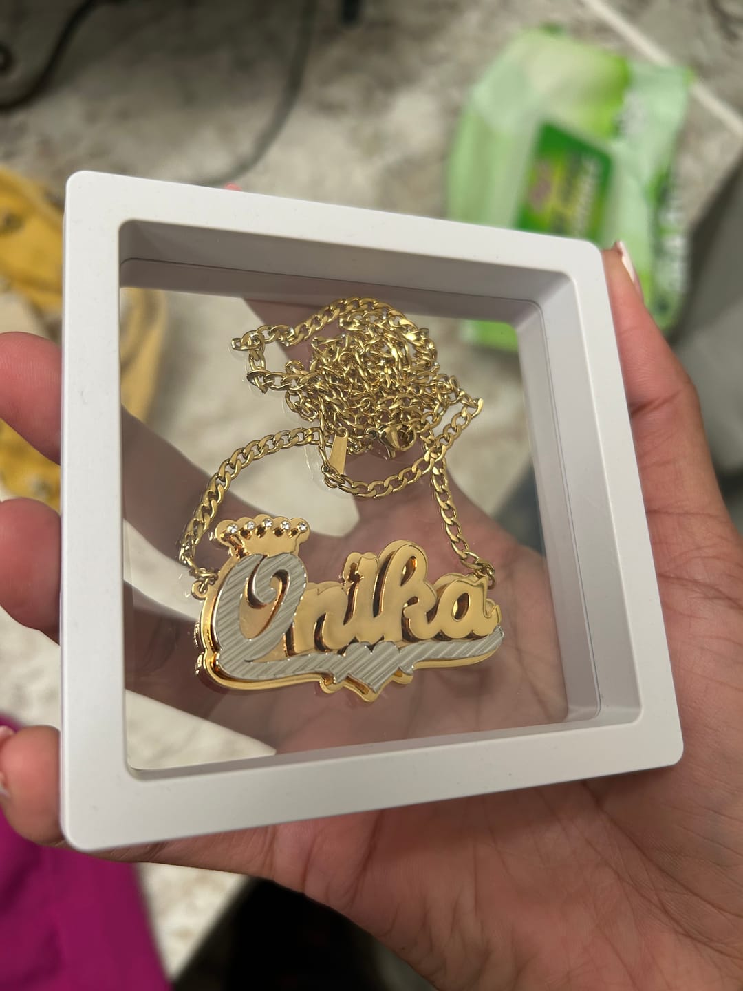Customer photo review of Double Plated Royal Name Necklace w/ Cuban Chain