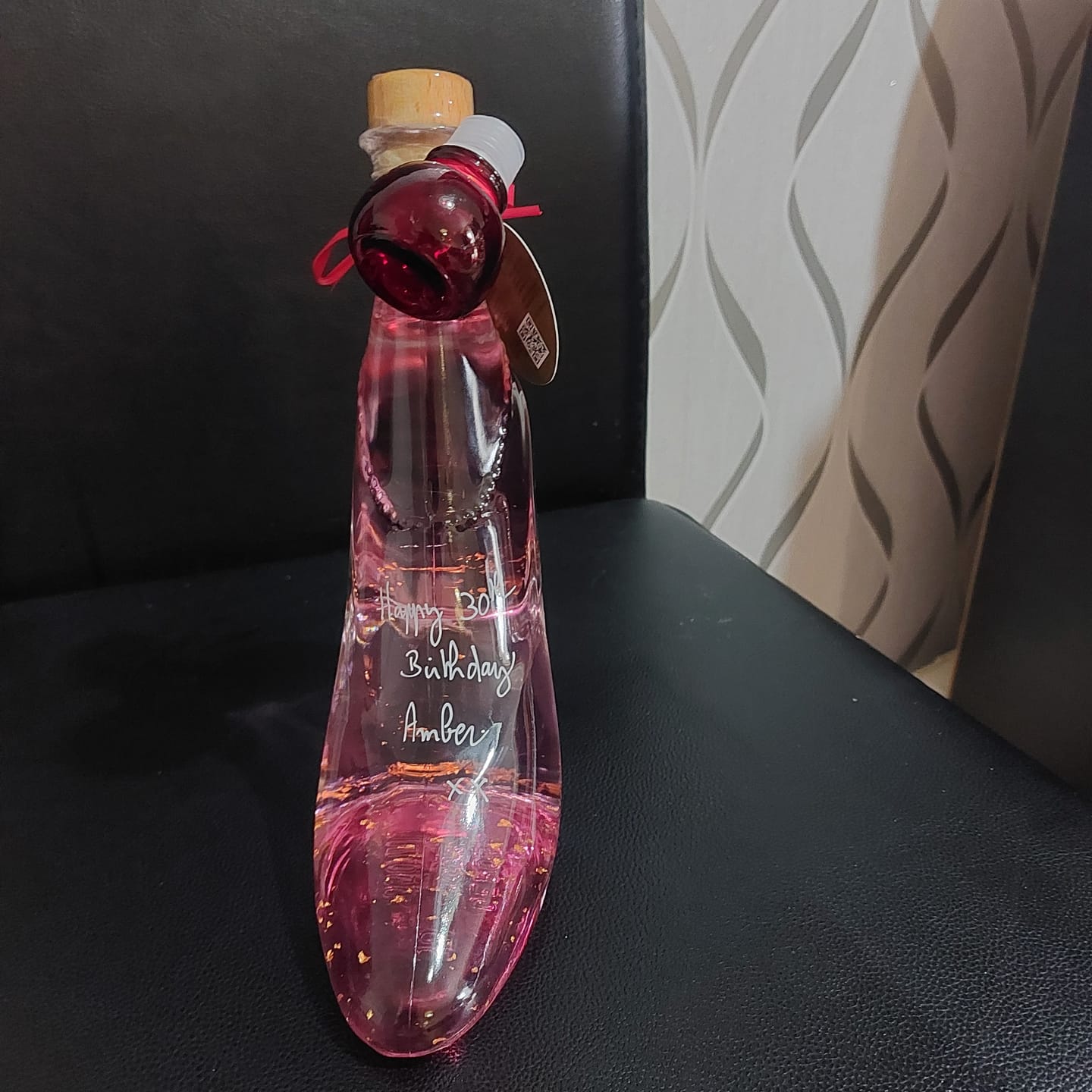 Customer photo review of Pink Vodka Gift with Edible 22 carat gold flakes in Lady Shoe 350ml