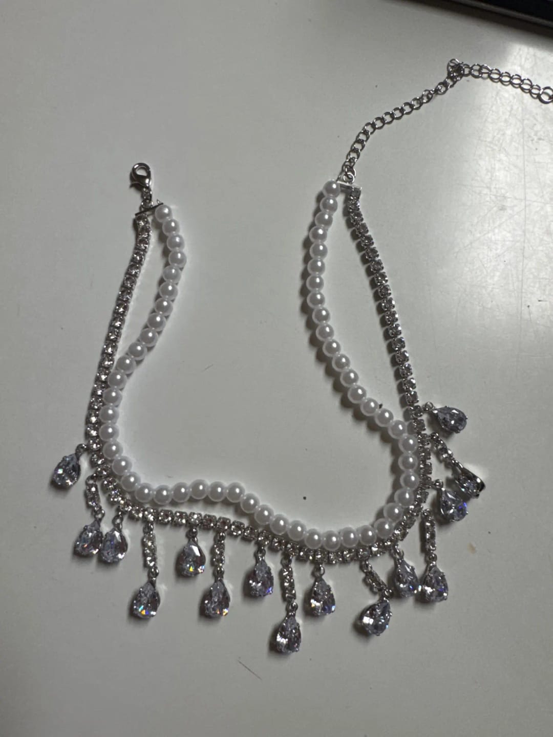 Customer photo review of Crystal Rhinestone Multilayer Pearl Choker Necklace With Delicate Cubic Zirconia Accents — White | KIMLUD