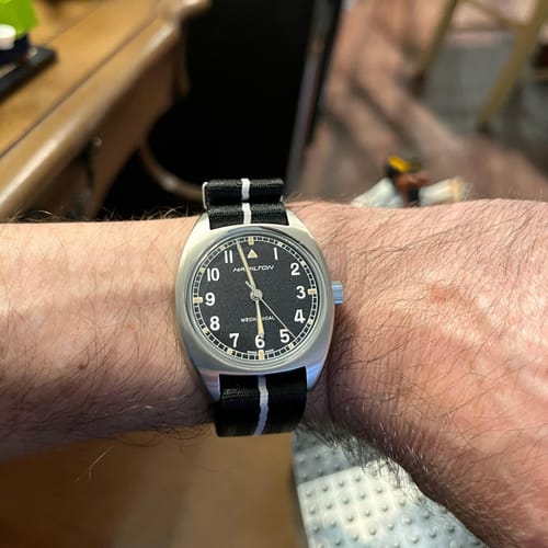 Customer photo review of Black Nylon Watch Strap with White Stripe