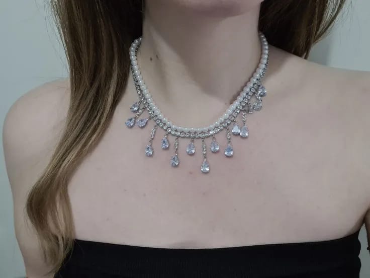 Customer photo review of Crystal Rhinestone Multilayer Pearl Choker Necklace With Delicate Cubic Zirconia Accents — White | KIMLUD