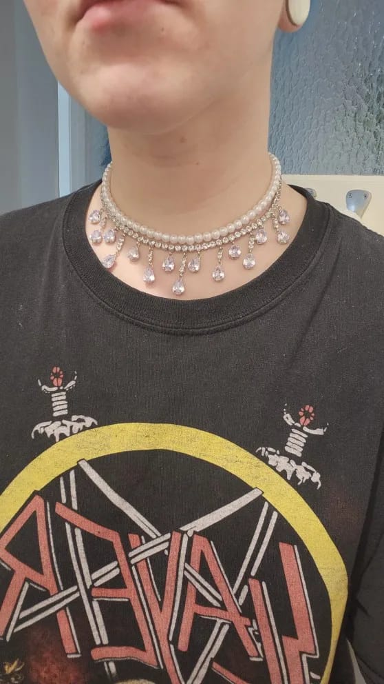 Customer photo review of Crystal Rhinestone Multilayer Pearl Choker Necklace With Delicate Cubic Zirconia Accents — White | KIMLUD