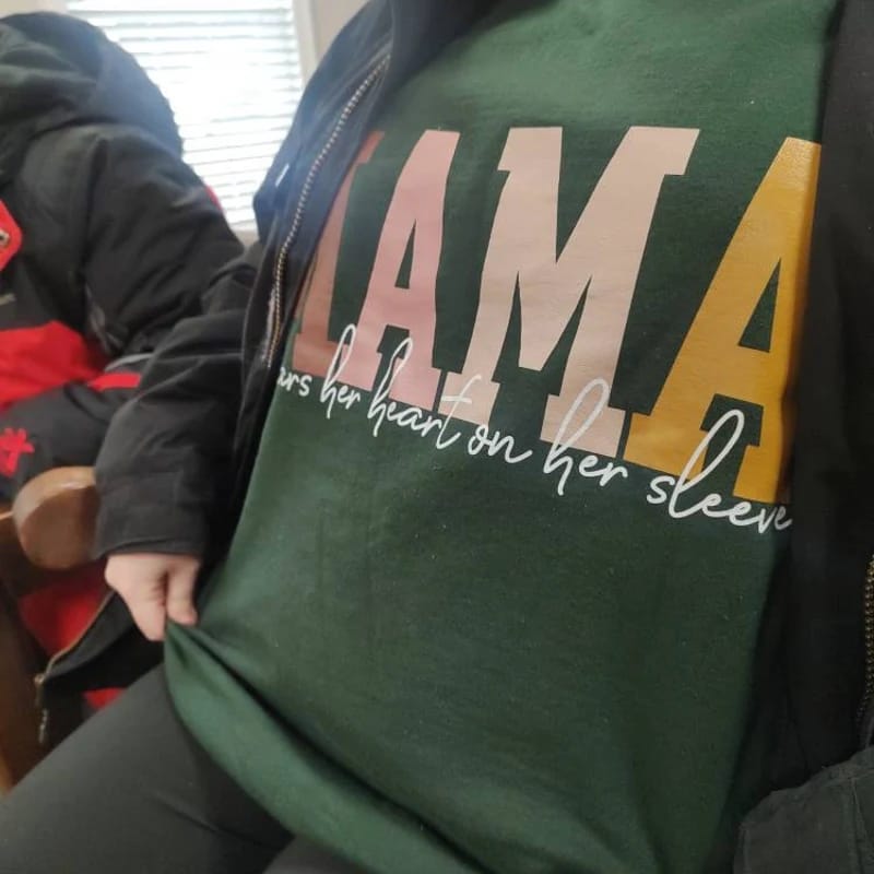 Customer photo review of Custom This Mama Wears Her Heart on Her Sleeve Sweatshirt