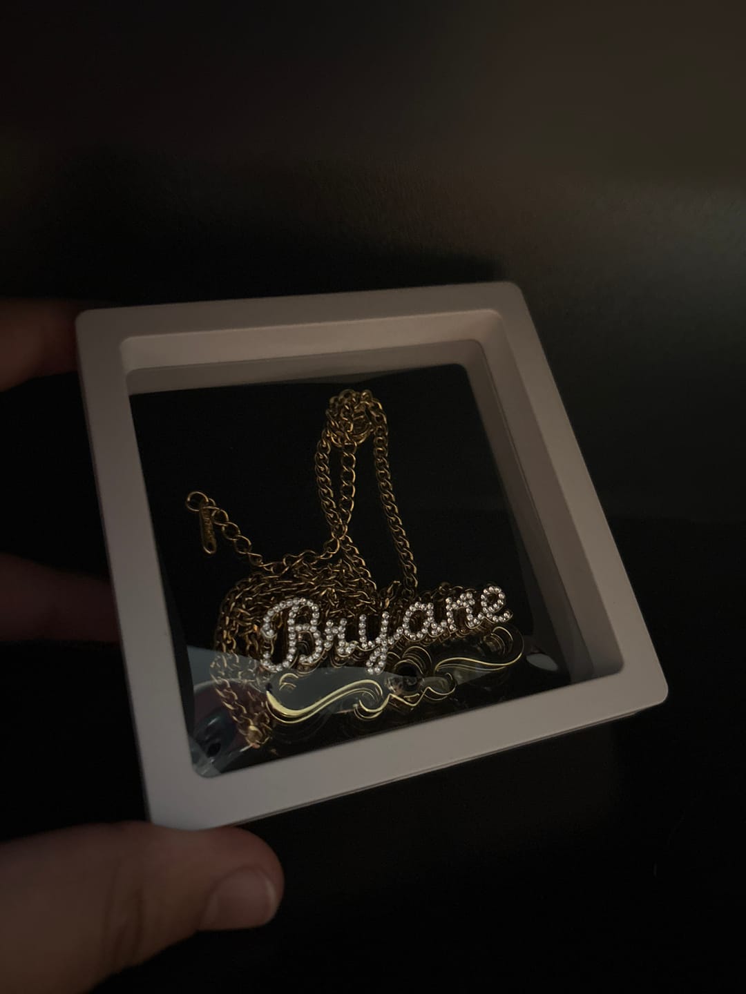 Customer photo review of Double Plated Iced Heart Photo Name Necklace w/ Cuban Chain