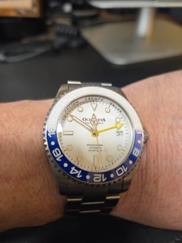 Customer photo review of Oceaneva Men's GMT TITANIUM Automatic Deep Marine Explorer 1250M White & Blue Ceramic Bezel Watch