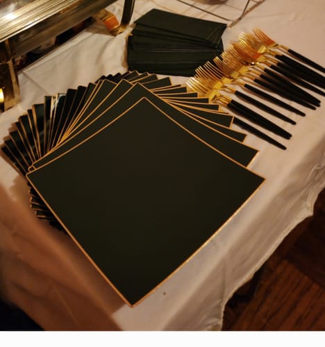 Customer photo review of Emerald Green with Gold Stripe Guest Paper Dinner Napkins | 16 Napkins
