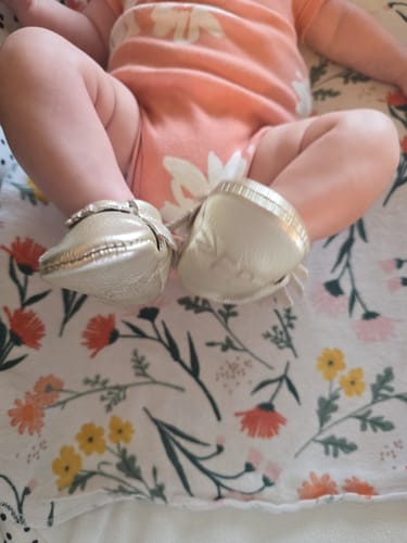 Customer photo review of Newborn Platinum Moccasin Baby Shoe
