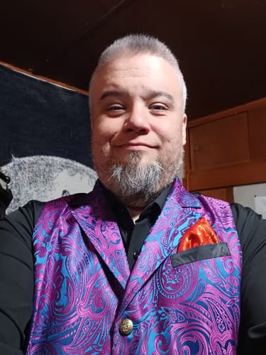 Customer photo review of Barry Wang Purple Blue Floral Mens Button Up Vest
