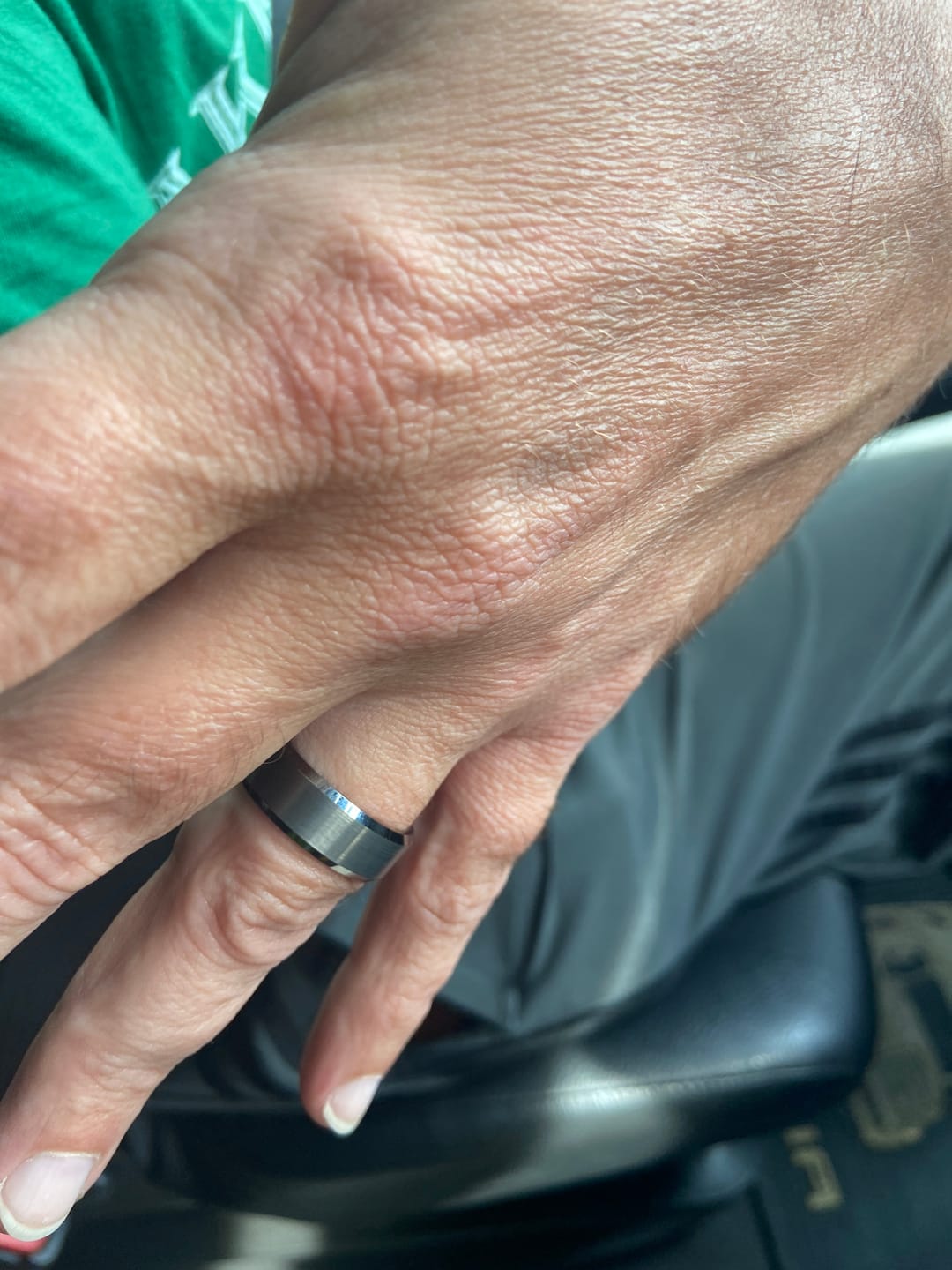 Customer photo review of 8mm GunMetal Tungsten Carbide Wedding Band with Beveled Edges
