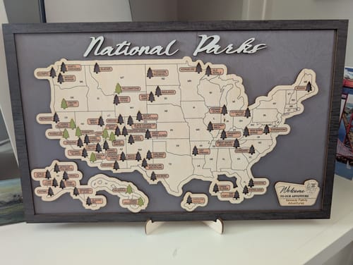 Customer photo review of US Wooden National Parks Travel Map With Trees To Record Park Visits (Light Grey)