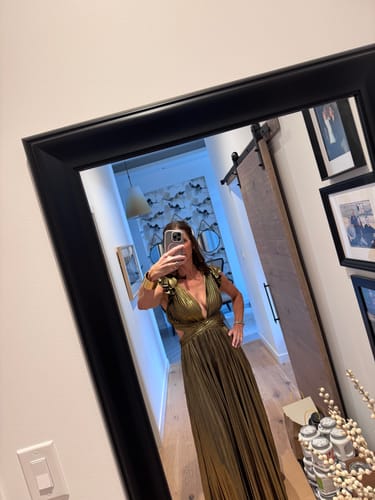 Customer photo review of Cyrus Pleated Gown in Gold by Mac Duggal - RENTAL