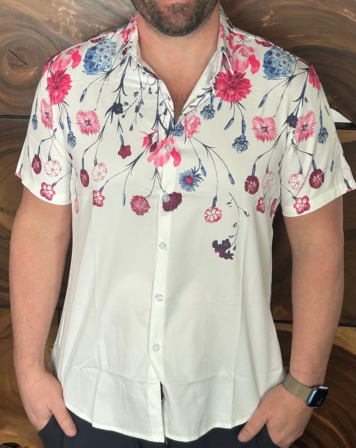 Customer photo review of Men's Floral Tops Flower Print Short Sleeve Button Up Summer Cruise Shirt