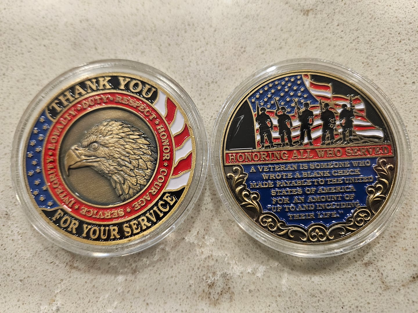 Customer photo review of Honoring All Who Served Thank You Coin