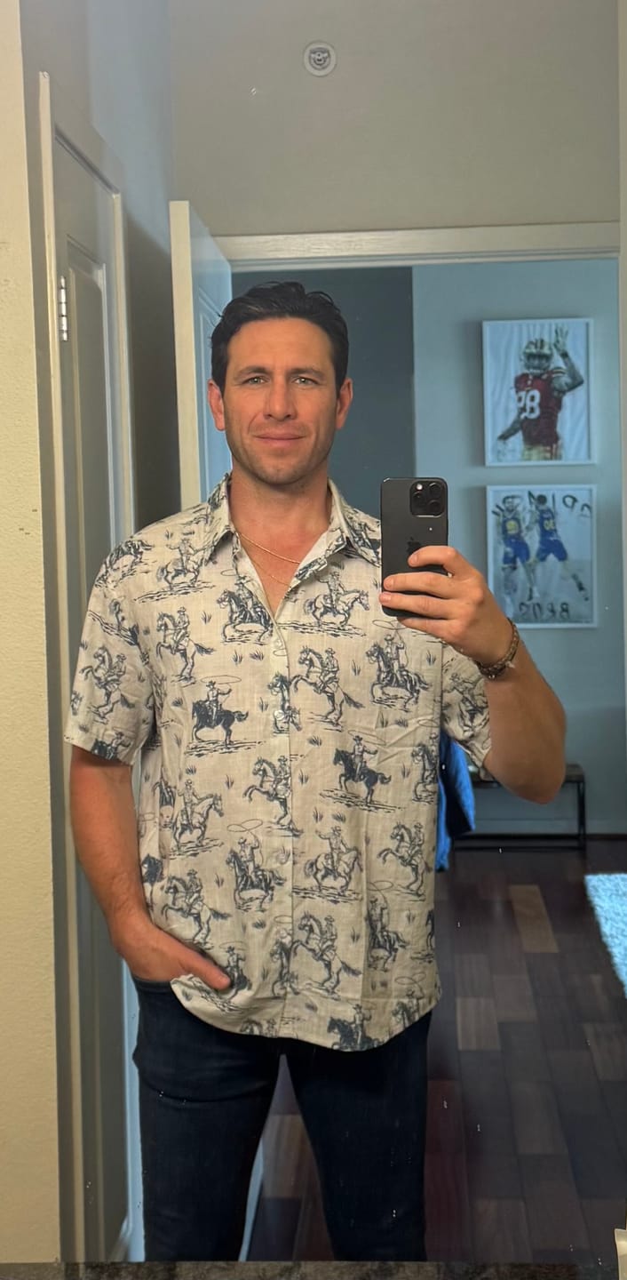 Customer photo review of Men's Horse Print Cowboy Button Up Holiday Short Sleeve Shirt