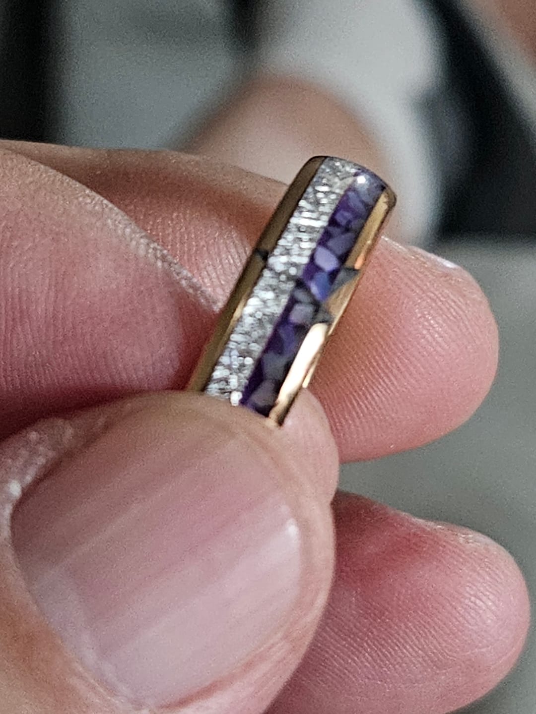 Customer photo review of 6mm- Rose Gold Arrow Ring Tungsten Dome Ring W/ Purple Agate & Meteorite