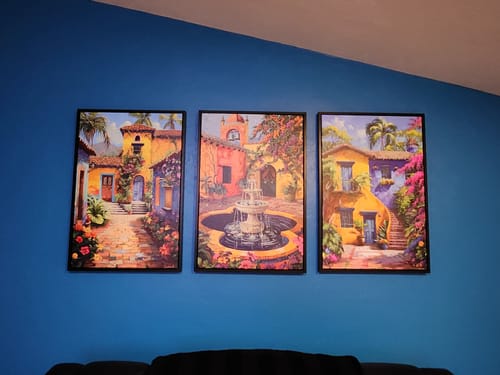 Customer photo review of Set Of Three Colorful Mexican Courtyard Garden And Fountain Framed Canvas Wall Art