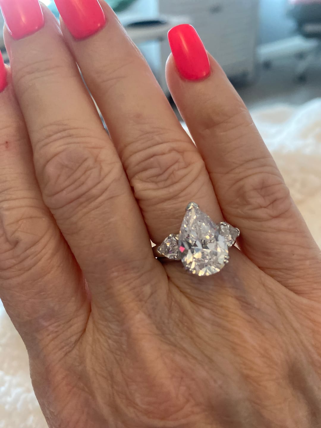Customer photo review of 3-Stone 5.7ct Pear CZ Ring in Sterling Silver