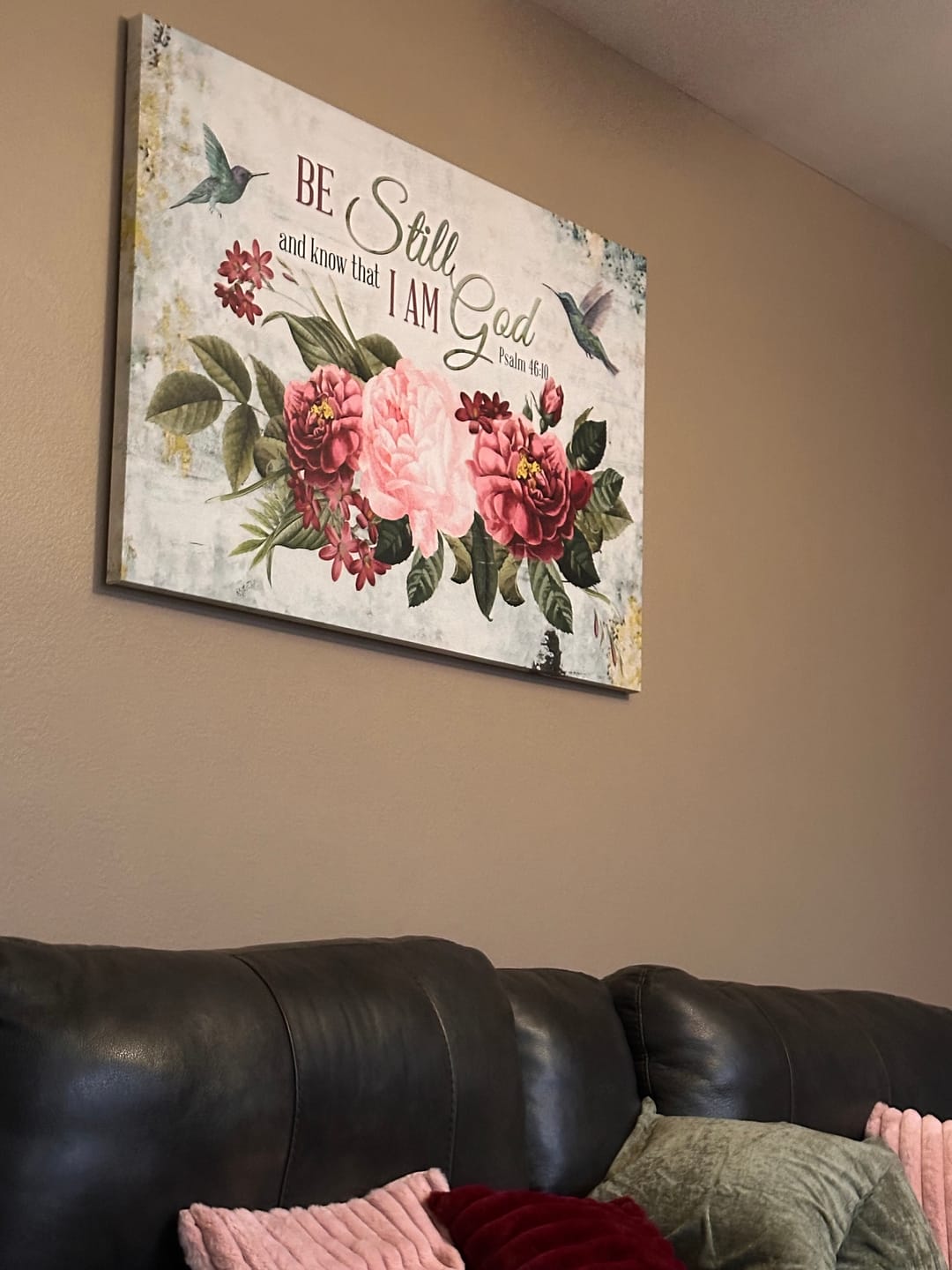 Customer photo review of Be Still and Know That I Am God, Vintage Flower Hummingbird, Wall art canvas