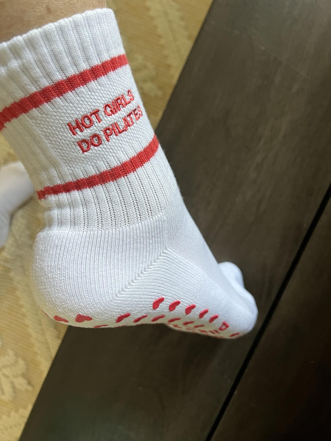 Customer photo review of Hot Girls Do PILATES Socks - WHITE/RED