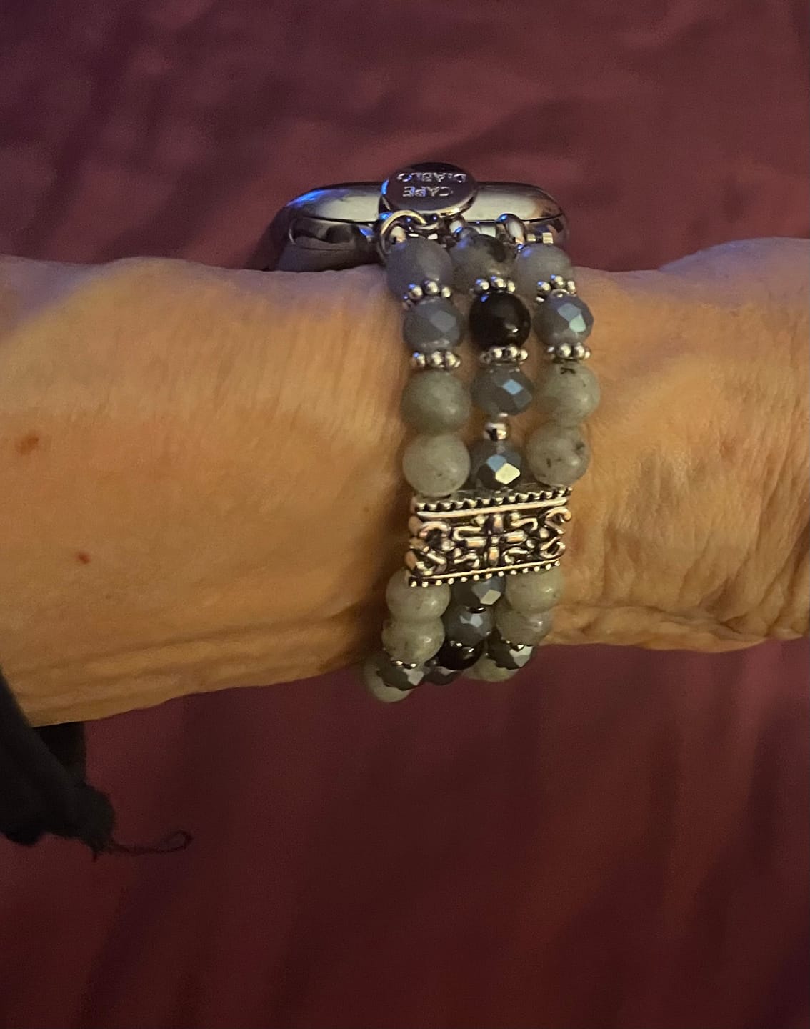 Customer photo review of Artisanal Labradorite Indigo Stretch Apple Watch Strap