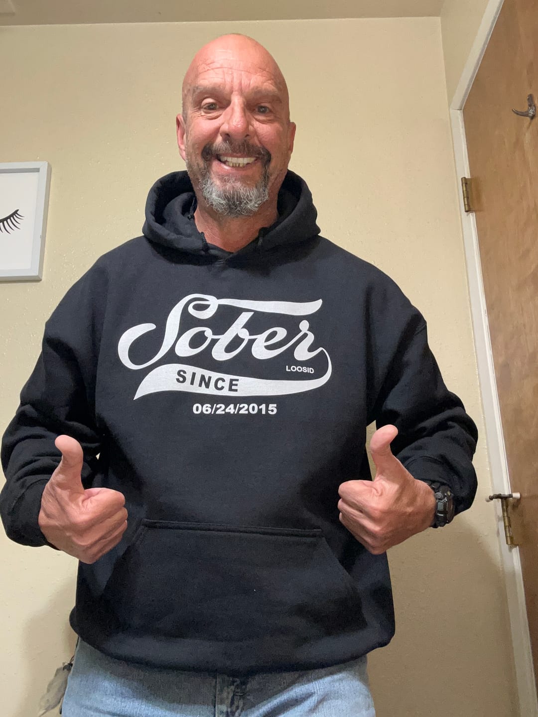 Customer photo review of Men's Sober Since Hoodie w/ Personalized Sobriety Date
