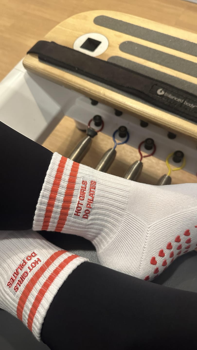 Customer photo review of Hot Girls Do PILATES Socks - WHITE/RED