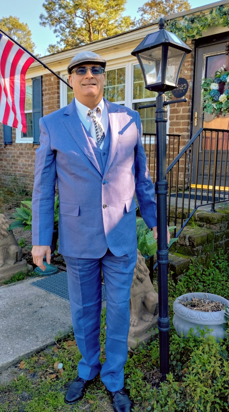 Customer photo review of Denim Blue Linen 3 Piece Suit