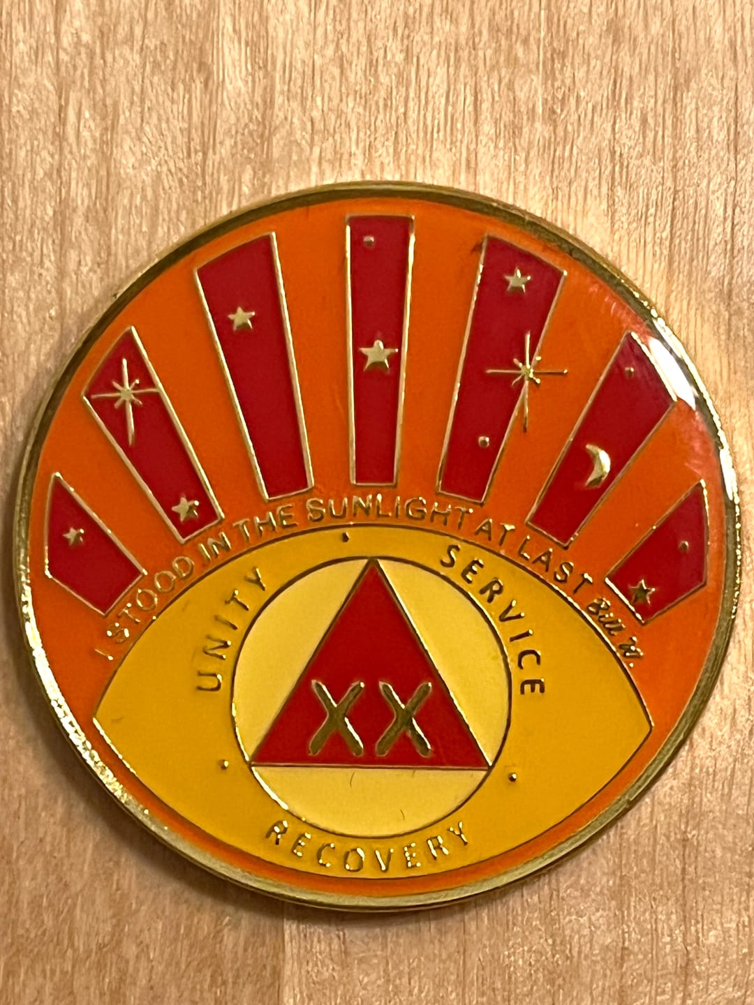 Customer photo review of Stood in the Sunlight 20 Year Specialty AA Recovery Medallion - Tri-Plated Twenty Year Chip/Coin