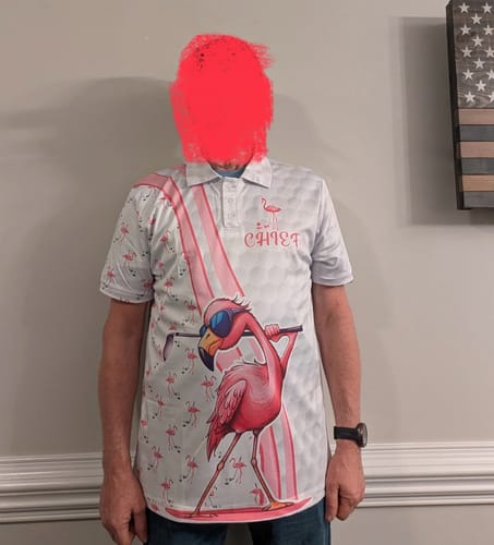 Customer photo review of Funny Mens golf polo shirt custom pink and white flamingo golf shirts talk birdie to me NQS8610