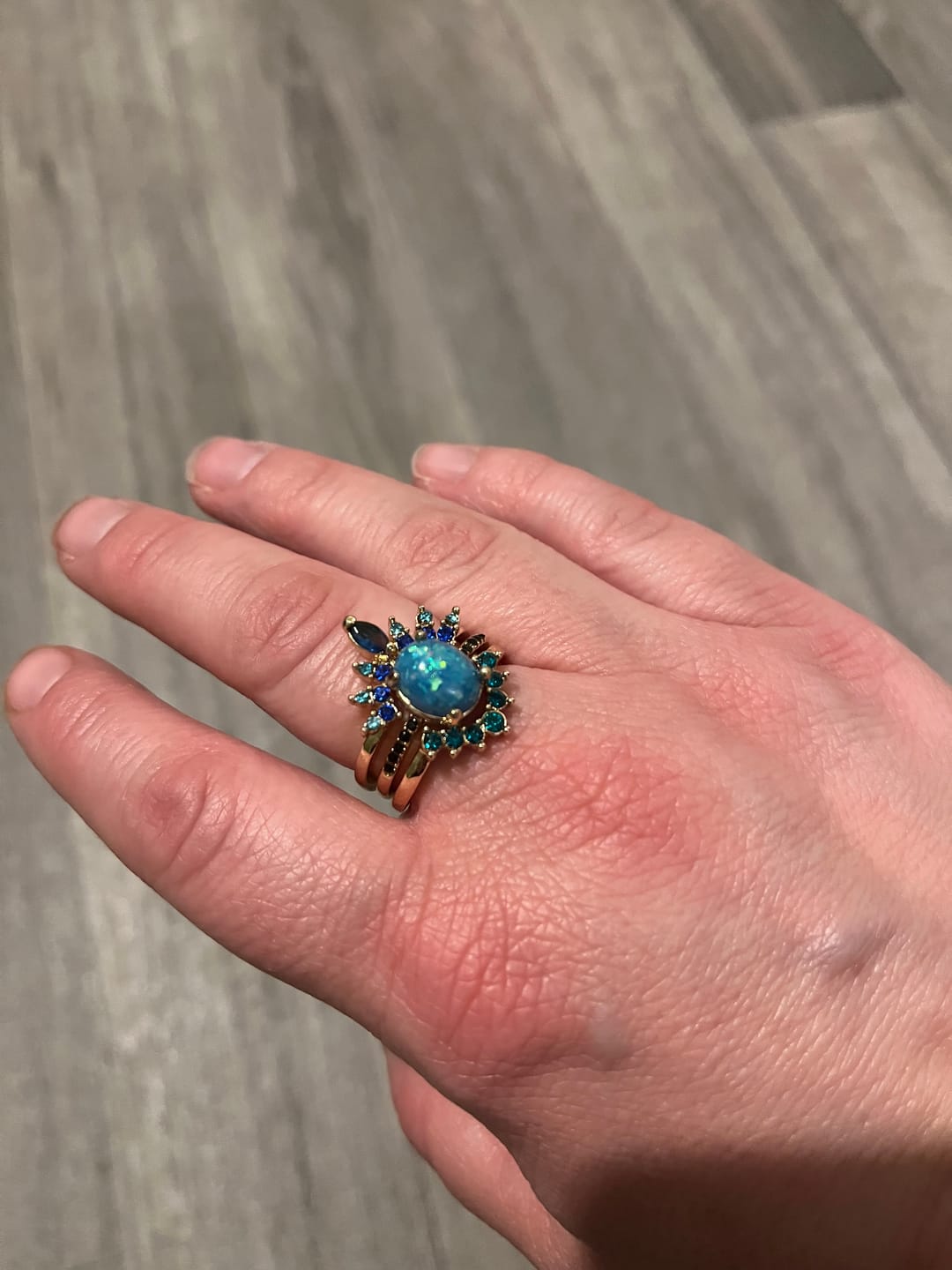 Customer photo review of Olivenorma Sapphire With Opal 3 - Piece Ring Set