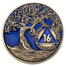 Customer photo review of 16 Year Sobriety Mint Twisted Tree of Life Gold Plated AA Recovery Medallion - Sixteen Year Chip/Coin - Blue